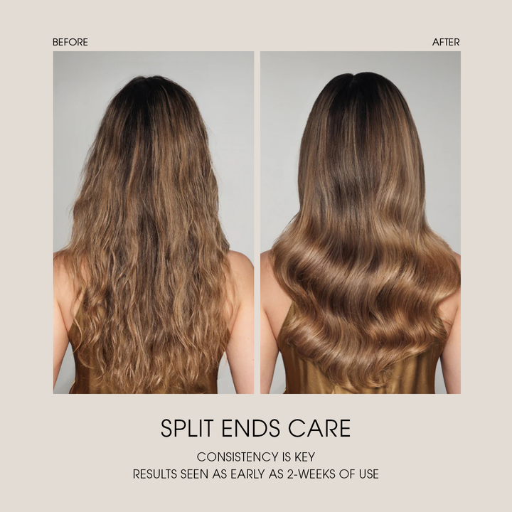 Before and after results using Jadu Grow & Glow Bundle showing visibly thicker, shinier, healthier hair after consistent use of Magic Drip and Split Ends Care
