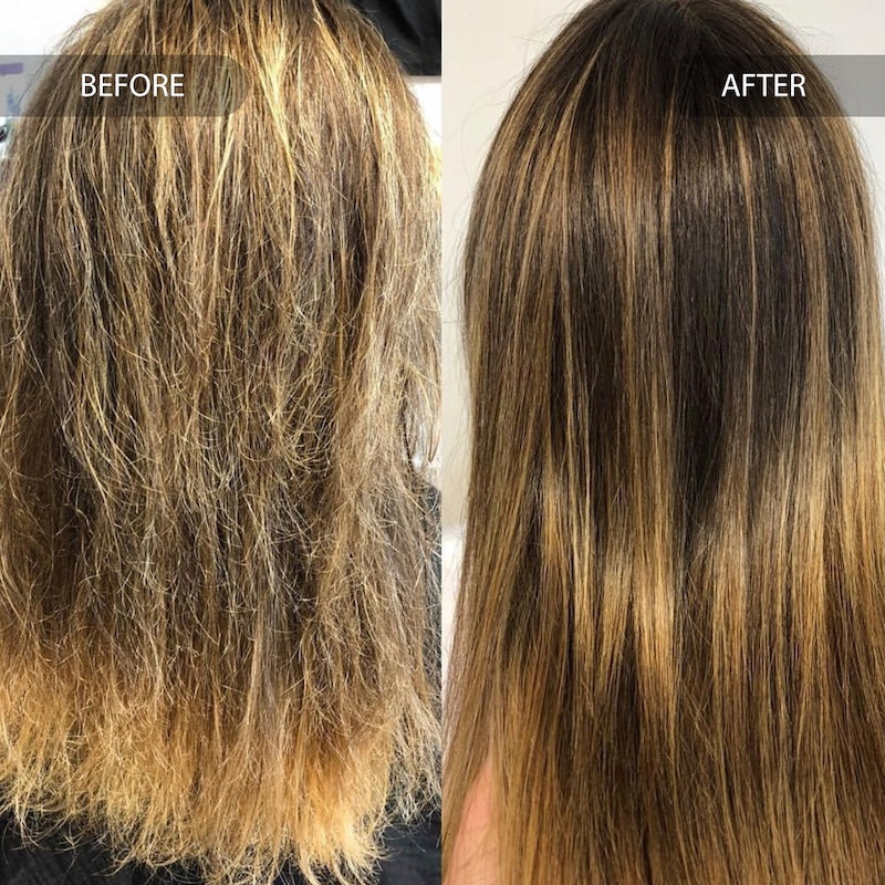 Before and after using split ends care on blonde hair providing visibly stronger, smoother hair