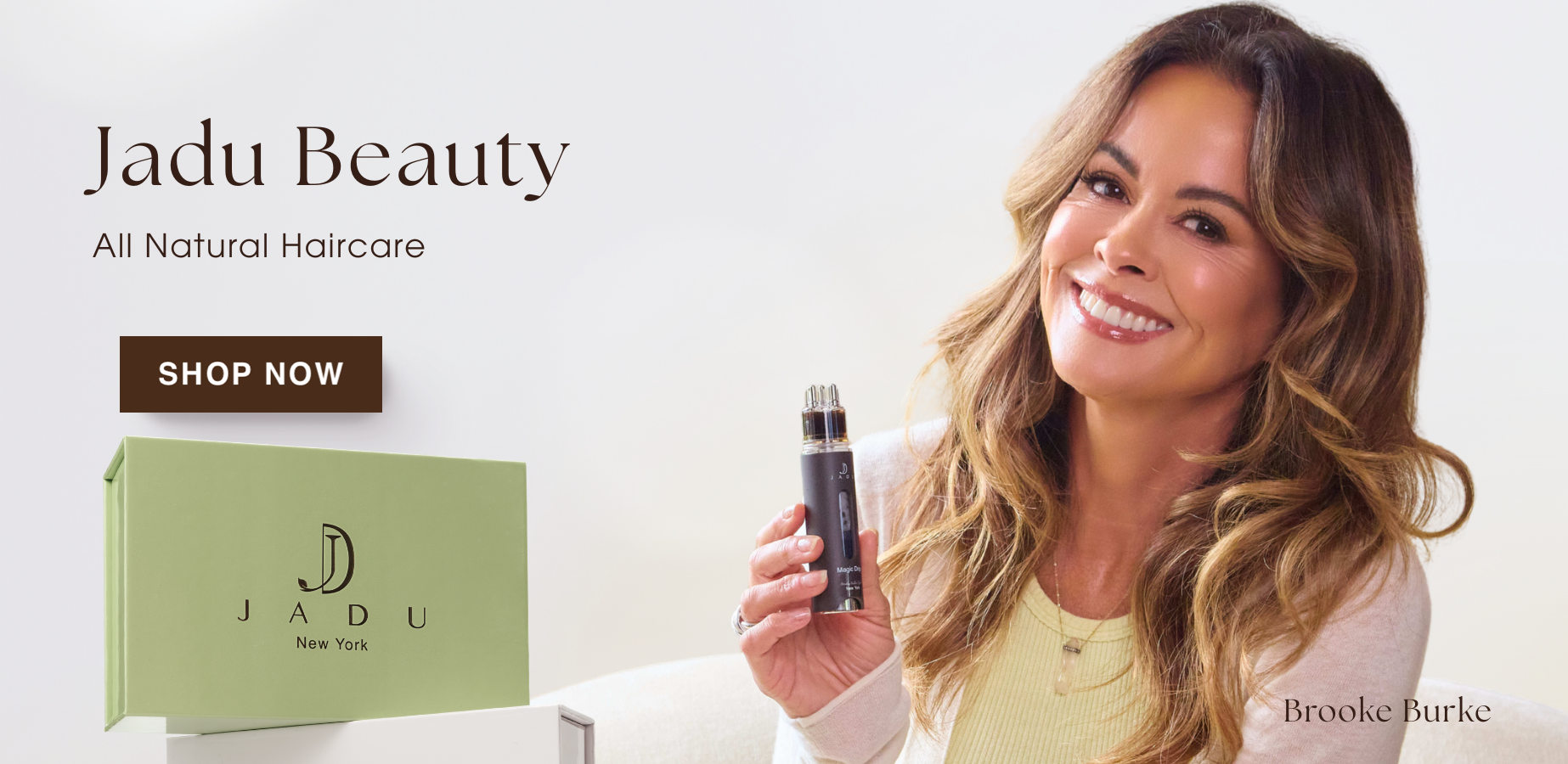 Brooke Burke holding Magic Drip | All natural Haircare