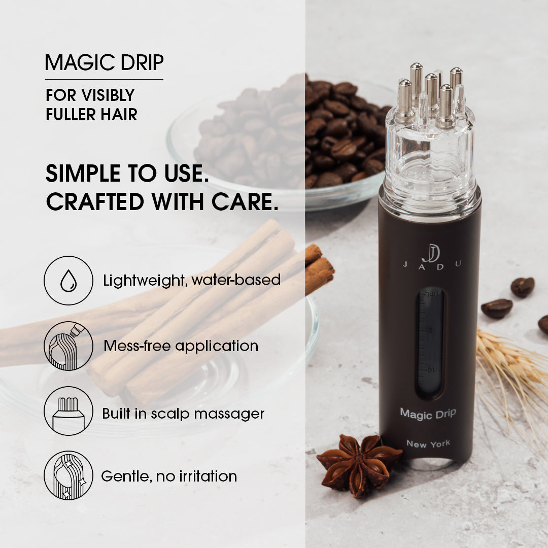 Jadu Magic Drip + Magic Comb precision applicator | 5 active nozzles for targeted, controlled scalp serum delivery at the roots