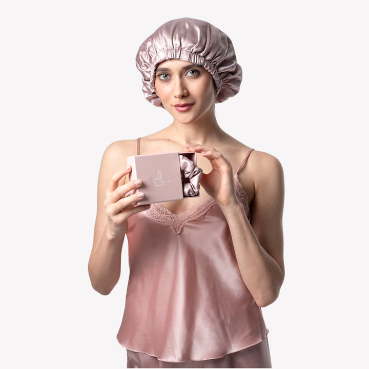 Jadu silk bonnet and scrunchie set in luxury gift box | perfect silk hair care gift for her