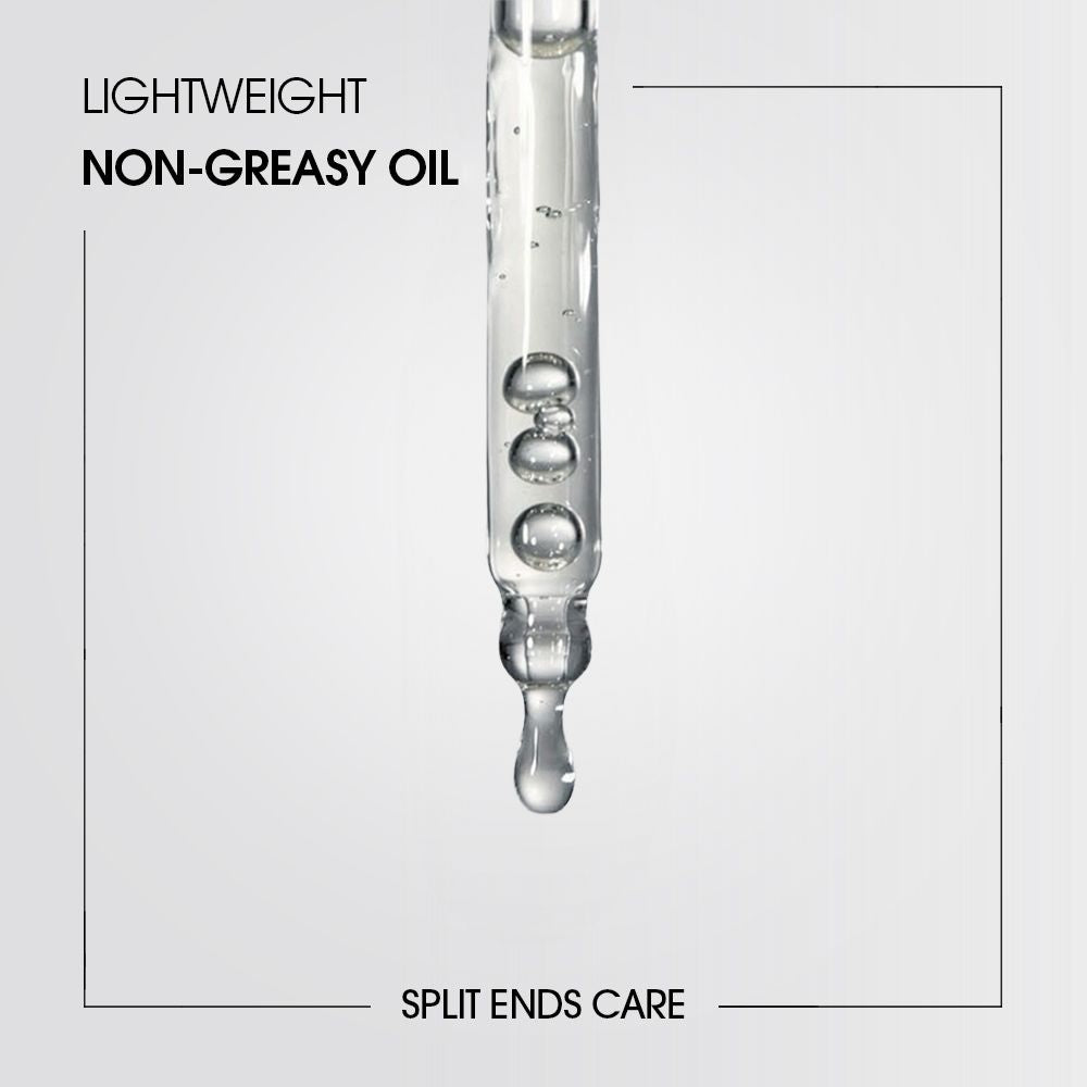 Close up of lightweight non-greasy split ends hair oil in dropper