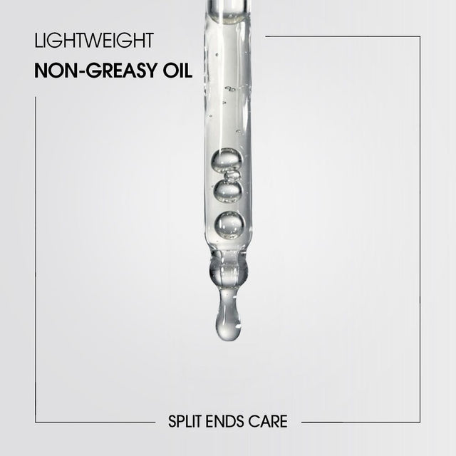 Close up of lightweight non-greasy split ends hair oil in dropper