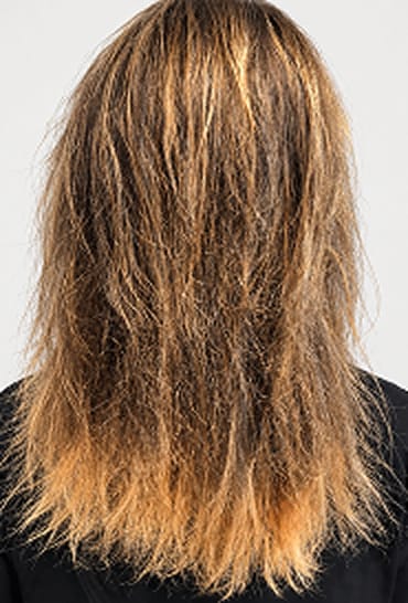 The back of a woman's head before treatment, showing frizzy, dry hair with split ends. before