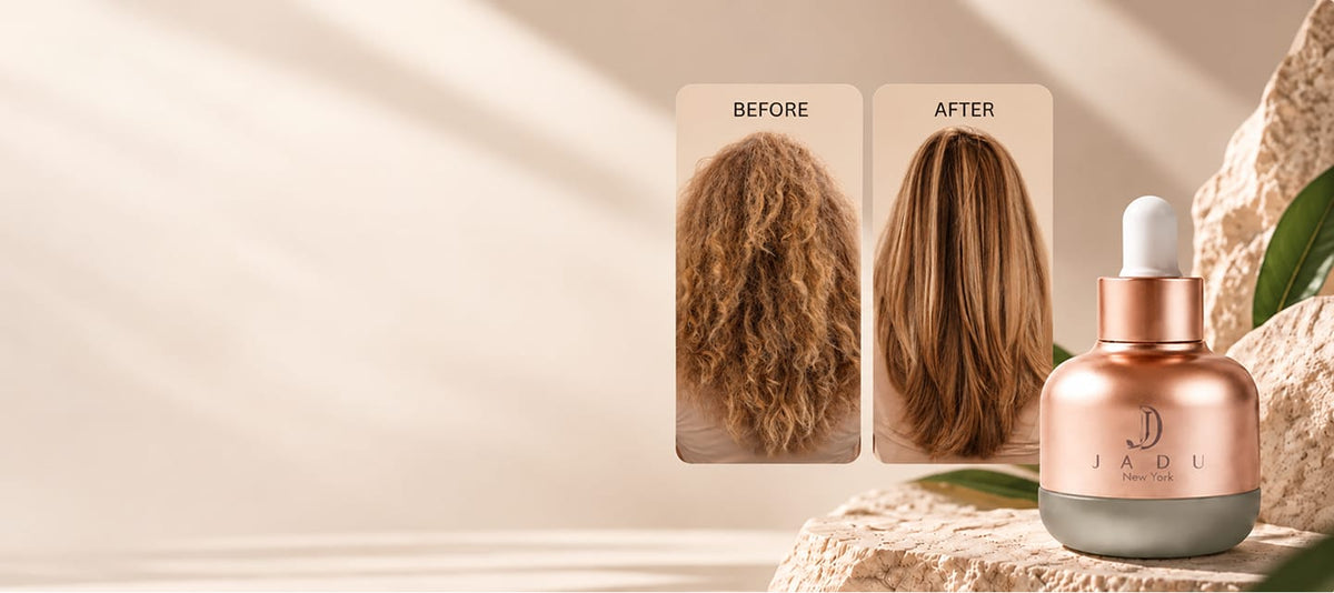 Jadu Split Ends Care oil on a stone ledge beside before-and-after photos of frizzy curly hair turned sleek and smooth.