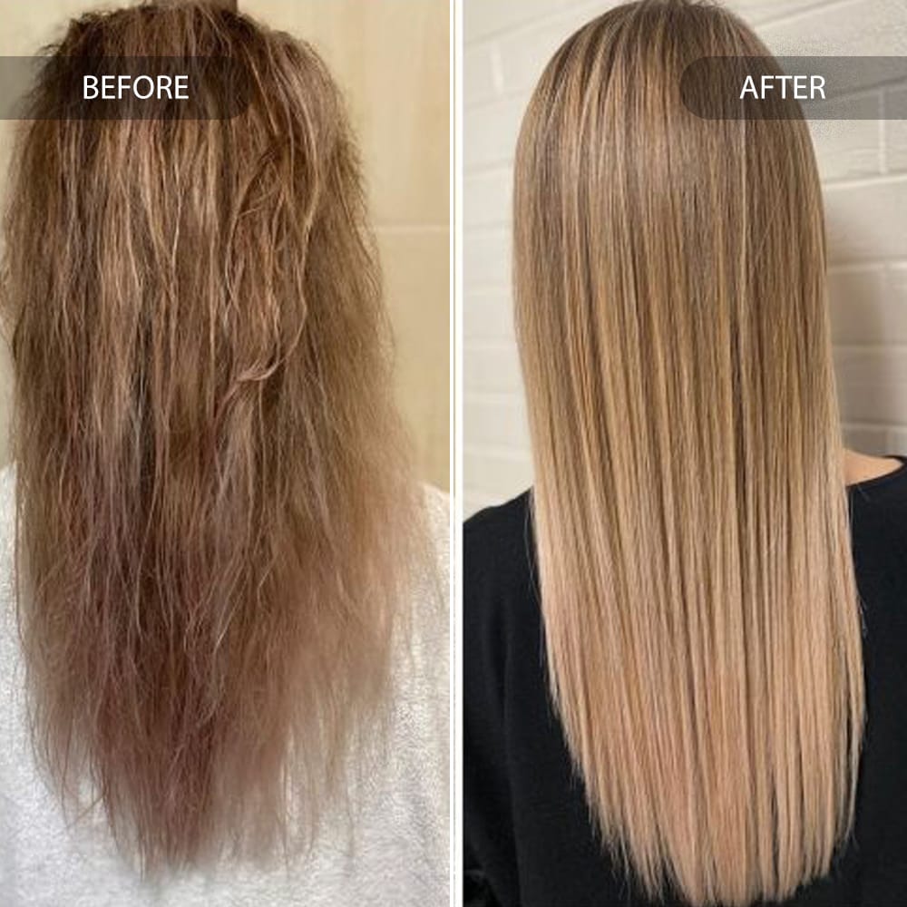 Before and after comparison of blonde hair ends